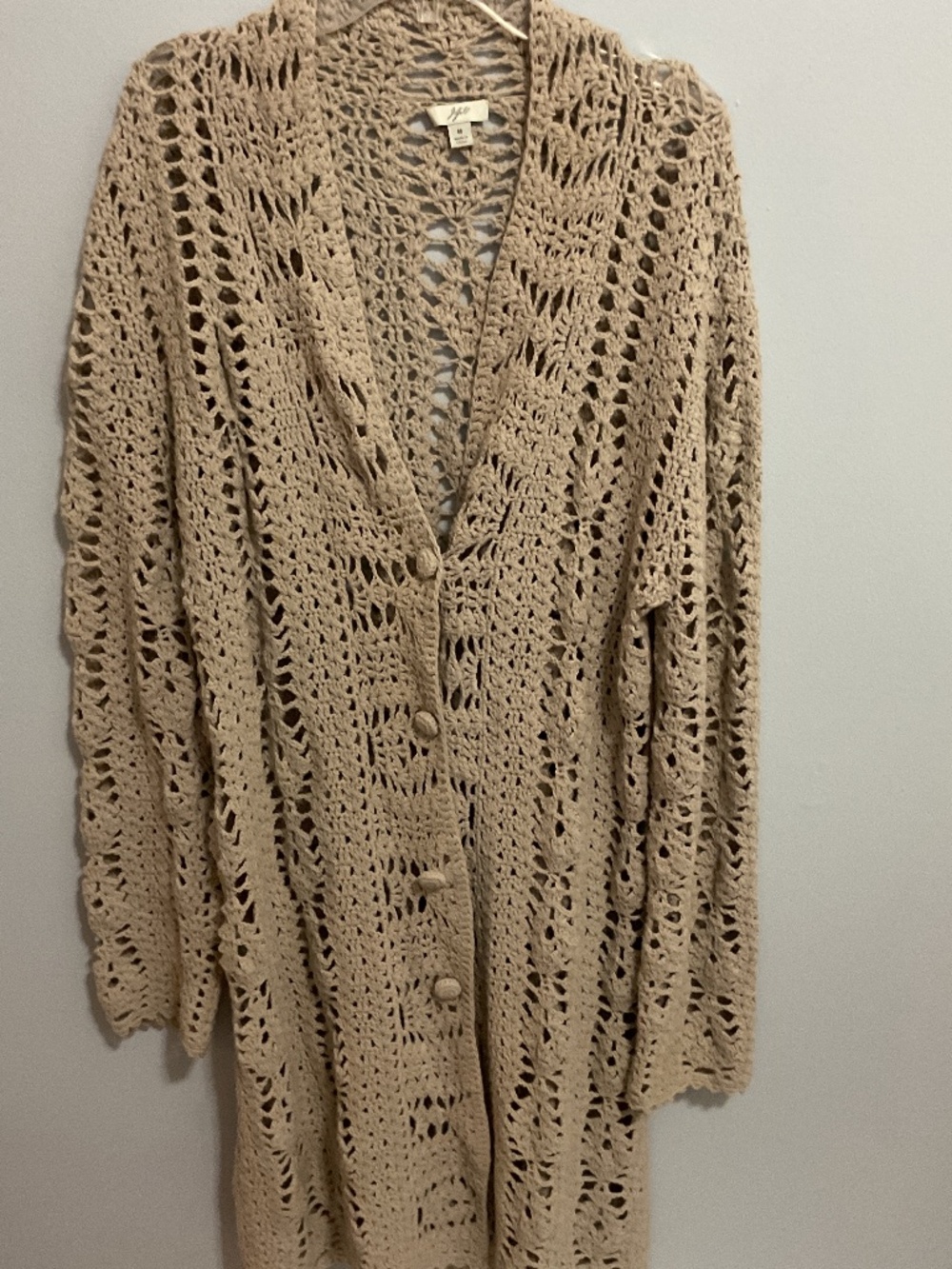 J. Jill Long Crocheted Open Knit Cardigan with Covered Buttons,  MED